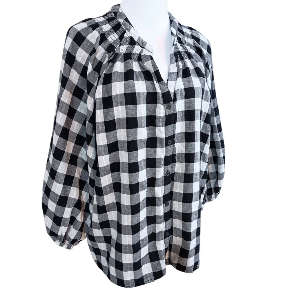 NEW Time and Tru Smocked Peasant‎ Top Blouse Plus 2X Black White Plaid Check